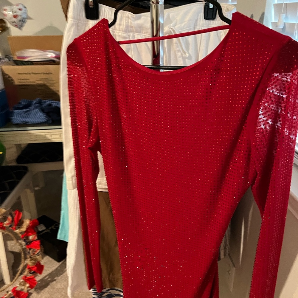 Red Long Sleeve Sparkly Mini Dress